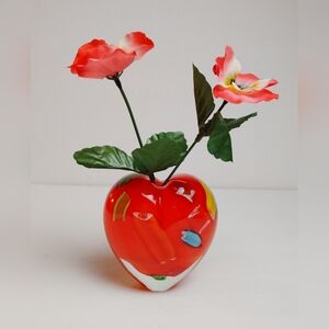 Hand Blown Art Glass Red Heart Candy Pattern Small Vase or Paperweight